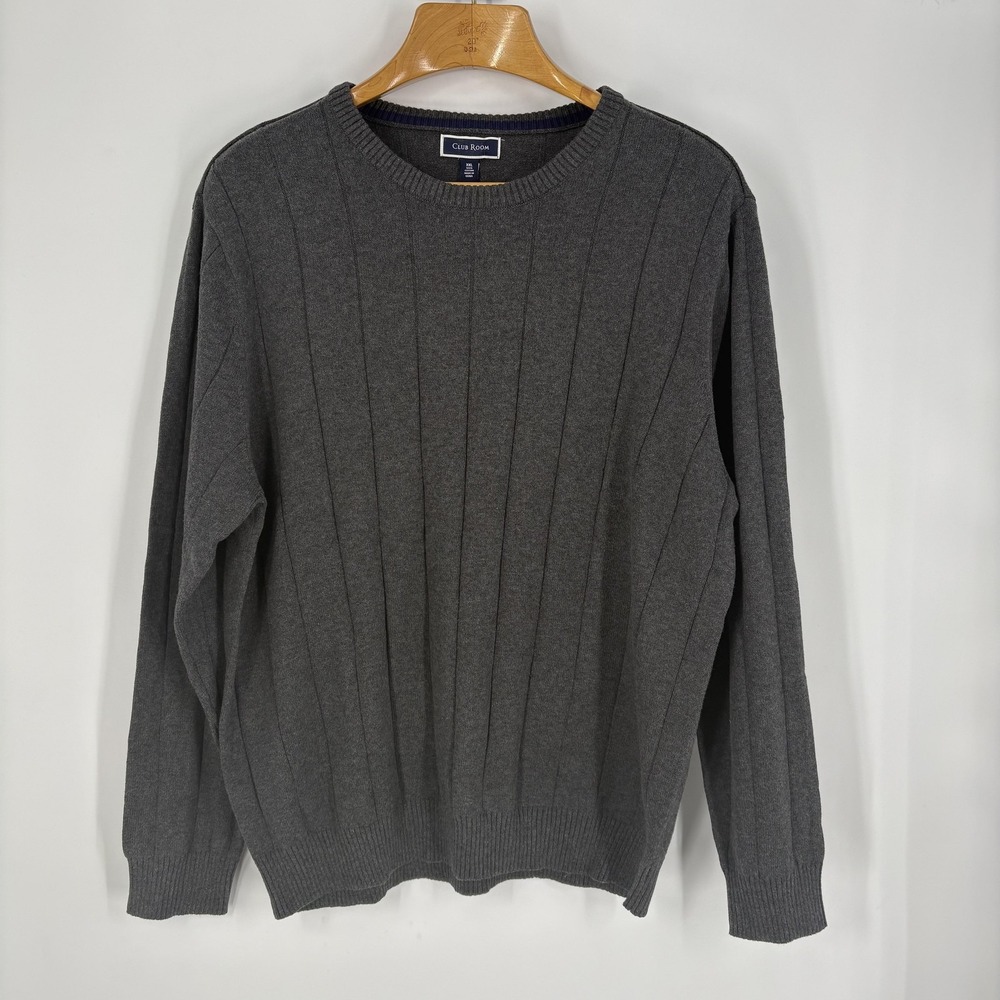 Club Room Sweater Mens 2XL Gray Ribbed Knit Cotton‎ Crewneck Pullover Casual